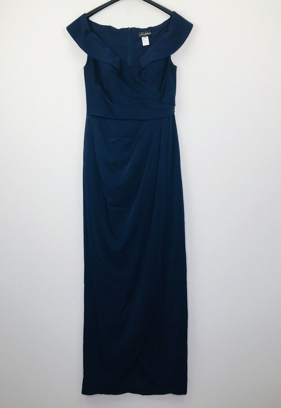 La Femme Women's 8 Dress Blue Surplice Off the Shoulder Column Maxi Gown